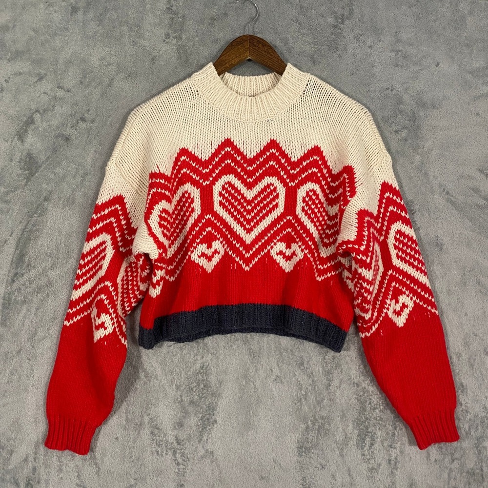 Free People Sweater XS Red Heart Intarsia Chunky Cropped Wool Alpaca Mock Neck